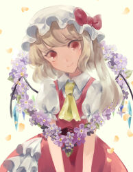 Rule 34 | 1girl, ascot, blonde hair, cowboy shot, crystal wings, dress, flower wreath, hat, hat ribbon, highres, looking at viewer, mob cap, poteimo (poteimo622), puffy short sleeves, puffy sleeves, red dress, red eyes, red ribbon, ribbon, short sleeves, side ponytail, simple background, smile, solo, touhou, white background, yellow ascot