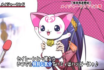 1girl animal_ears animal_hands blush cat cat_ears cat_paws cat_tail couple covered_face covering_face hair_ornament hummy_(suite_precure) interview jewelry kurokawa_eren long_hair magical_girl meme microphone open_mouth parody precure ryuuta_(cure_ryuuta) scarf seiren_(suite_precure) smile snow snowing special_feeling_(meme) suite_precure tail umbrella winter_clothes yuri