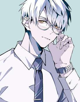 1boy absurdres adjusting_eyewear aose_(_aose242) aqua_background brown_eyes closed_mouth collared_shirt diagonal-striped_clothes diagonal-striped_necktie glasses grey-framed_eyewear grey_hair hashtag-only_commentary highres hitotsubashi_ayato hitotsubashi_ayato_(1st_costume) looking_at_viewer male_focus necktie nijisanji portrait shirt short_hair simple_background solo striped_clothes undercut virtual_youtuber watch white_shirt wristwatch