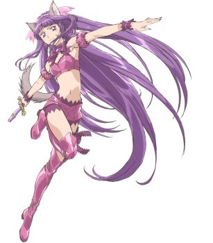 1girl animal_ears anime_coloring arm_scrunchie bare_shoulders boots bow breasts fujiwara_zakuro full_body hands_up holding ishino_satoshi leg_up long_hair looking_at_viewer magical_girl mew_zakuro midriff navel official_art outstretched_arms purple_boots purple_eyes purple_hair purple_scrunchie purple_shorts scrunchie short_shorts shorts simple_background solo standing standing_on_one_leg strapless tail thigh_boots thigh_strap tokyo_mew_mew tokyo_mew_mew_new transparent_background very_long_hair wolf_ears wolf_girl wolf_tail wrist_scrunchie