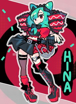 1girl absurdres aqua_hair boots bourbunbun commentary english_commentary hair_ribbon high_heels highres kagiyama_hina knee_boots long_hair looking_at_viewer midriff nail_polish plaid_clothes plaid_skirt red_eyes ribbon single_knee_boot skirt smile thigh_strap touhou