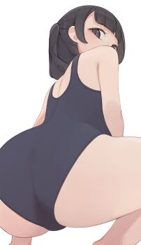 1girl ass black_eyes black_hair black_one-piece_swimsuit black_school_swimsuit blush from_behind highres hiroki_(yyqw7151) loli looking_at_viewer looking_back one-piece_swimsuit original school_swimsuit short_hair simple_background solo squatting swimsuit twintails white_background