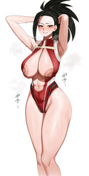 1girl armpits arms_up black_hair boku_no_hero_academia breasts center_opening cleavage curvy feet_out_of_frame female_pubic_hair frown highleg highleg_leotard highres huge_breasts huge_nipples large_areolae leotard navel nipple_slip nipples ponytail pubic_hair pubic_hair_peek red_leotard scowl senju_(snz0) shiny_skin simple_background solo steaming_body sweat thong_leotard white_background wide_hips yaoyorozu_momo