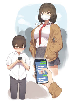 1boy 1girl age_difference annoyed blush breasts brown_eyes brown_hair cellphone censored fake_phone_screenshot fake_screenshot height_difference highres large_breasts looking_at_another mask mouth_mask necktie onee-shota original own_hands_together penis pepper0 phone school_uniform shota sigh smartphone surgical_mask tagme teenage_girl_and_younger_boy text_messaging