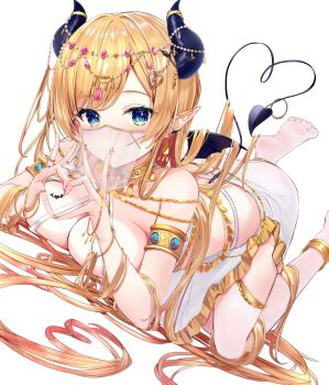 Rule 34 | 1girl, anklet, aqua eyes, armlet, blonde hair, bracelet, breast tattoo, breasts, circlet, commentary, demon girl, demon horns, demon tail, demon wings, feet, feet up, four-finger heart hands, hai 0013, harem outfit, headdress, heart, heart hands, highres, hololive, horns, jewelry, large breasts, loincloth, long hair, looking at viewer, mini wings, mouth veil, multicolored hair, necklace, no shoes, pointy ears, purple eyes, purple hair, see-through clothes, short hair, simple background, soles, solo, solo focus, streaked hair, swept bangs, tail, tattoo, toes, top-down bottom-up, two side up, untranslatable commentary, veil, very long hair, virtual youtuber, white background, white veil, winged heart, winged heart tattoo, wings, yuzuki choco