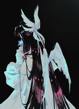 1girl absurdres bare_shoulders black_background black_hair columbina_(genshin_impact) dress feathered_wings flower from_behind genshin_impact head_wings highres holding holding_flower long_hair purple_flower white_dress wings xena_rai