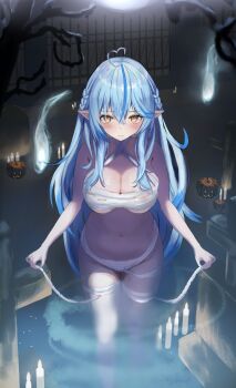 1girl absurdres bandages bare_shoulders blue_hair breasts cleavage cowboy_shot elf ghost graveyard highres hitodama hololive large_breasts long_hair navel night pointy_ears solo virtual_youtuber winvita yellow_eyes yukihana_lamy