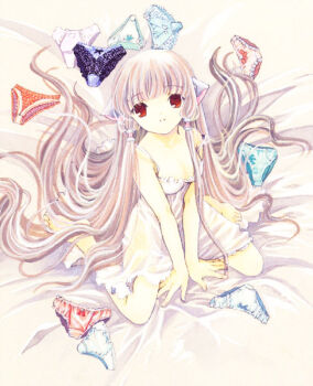 00s 1girl aqua_panties bare_arms barefoot bed bed_sheet between_legs blonde_hair blue_panties bow bow_panties chemise chii chobits clamp clamp_(circle) female_focus from_above hair_spread_out hair_tubes hand_between_legs lace lace-trimmed_panties lace_trim long_hair looking_at_viewer looking_up multiple_panties official_art orange_panties panties red_eyes see-through_clothes sitting smile solo strap_slip underwear v_arms very_long_hair wariza white_chemise white_panties