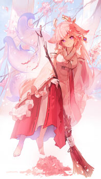 1girl absurdres animal_ears arm_at_side bare_shoulders barefoot breasts broom c: cherry_blossoms commentary crossed_bangs crossed_legs day detached_sleeves earrings falling_petals fox_ears fox_tail full_body genshin_impact hair_between_eyes hakama happyongdal highres holding holding_broom japanese_clothes jewelry long_hair looking_at_viewer medium_breasts miko multiple_tails petals pink_hair purple_eyes revision shide shirt sitting smile solo sunlight symbol-only_commentary tail twitter_username white_shirt white_sleeves yae_miko