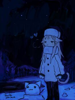 1girl animal_ears cat cat_ears cat_girl cat_tail coat feet_out_of_frame fur_hat hat heart highres izmi long_hair long_sleeves night original outdoors scarf snow_animal solo standing tail winter