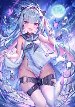 1girl :d akabane_(zebrasmise) antenna_hair armpit_crease armpits black_nails black_neckerchief black_sailor_collar blunt_bangs breasts bug butterfly choker commentary dress fang full_moon grey_hair hair_intakes hair_ornament heart heart-shaped_ornament heart_o-ring highres indie_virtual_youtuber insect long_hair mole mole_on_thigh moon multicolored_hair neckerchief night night_sky no_panties o-ring o-ring_choker open_mouth pink_hair purple_eyes sailor_collar sailor_dress shubii_(vtuber) skin_fang sky small_breasts smile solo star_(sky) symbol-only_commentary thighhighs tree two-tone_hair unzipped virtual_youtuber water water_drop white_dress white_thighhighs