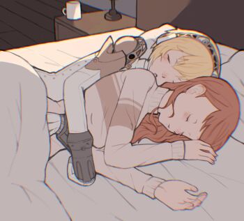 2girls aigis_(persona) android blonde_hair chromatic_aberration closed_eyes closed_mouth coffee_mug cuddling cup highres hug hug_from_behind long_hair mug multiple_girls on_bed orange_hair persona persona_3 persona_3_portable pillow shiomi_kotone short_hair sleeping tbjj1208 yuri
