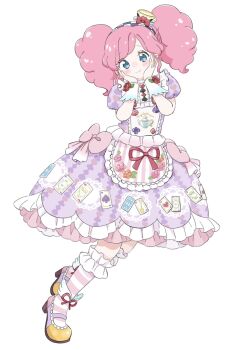 Rule 34 | 1girl, aikatsu!, aikatsu! (series), amahane madoka, blue eyes, bow, cha (ntrikti), club (shape), diamond (shape), dress, floral print, flower, frilled dress, frills, full body, hairband, hands on own cheeks, hands on own face, hands up, highres, lolita fashion, long hair, looking at viewer, pink bow, pink hair, pink socks, print dress, puffy short sleeves, puffy sleeves, purple dress, red flower, red rose, rose, shoes, short sleeves, simple background, smile, socks, solo, spade (shape), striped clothes, striped socks, sweet lolita, twintails, white background, wrist cuffs
