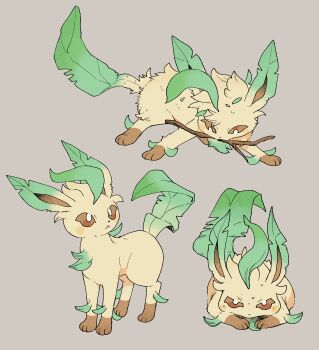 :< animal_focus bright_pupils brown_eyes brown_fur closed_mouth full_body gen_4_pokemon green_fur grey_background highres leaf leafeon looking_at_viewer lying multiple_views newo_(shinra-p) nintendo no_humans on_stomach pokemon pokemon_(creature) pokemon_focus simple_background solo standing stick white_pupils yellow_fur