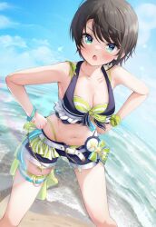 Rule 34 | 1girl, :o, absurdres, bare shoulders, bikini, black hair, blue eyes, blue shorts, blue sky, blush, breasts, cleavage, collarbone, day, denim, denim shorts, green bikini, halterneck, hands on own hips, highleg, highleg bikini, highres, hololive, hololive summer 2023 swimsuit, large breasts, looking at viewer, lukas reule, mixed-language commentary, multicolored bikini, multicolored clothes, navel, ocean, official alternate costume, oozora subaru, open fly, open mouth, outdoors, short hair, shorts, sky, solo, stomach, striped bikini, striped clothes, swimsuit, thigh strap, thighs, v-shaped eyebrows, very short hair, virtual youtuber