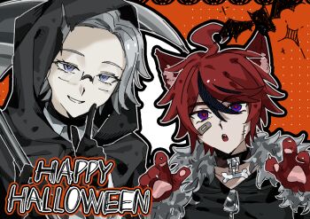 2boys absurdres ahoge animal_ear_fluff animal_ears animal_hands aotsuki_eito bandaid bandaid_on_cheek bandaid_on_face bat_(animal) black_cloak black_gloves black_hair black_shirt blue_eyes brown_collar chinese_commentary cloak collar colored_eyelashes commentary_request eyelashes glasses gloves grey_hair hair_between_eyes highres hood hood_up hooded_cloak male_focus multicolored_hair multiple_boys open_mouth orange_background paw_gloves rectangular_eyewear red_hair red_pupils ren_xingyi scythe semi-rimless_eyewear shirt short_hair stitched_face stitches streaked_hair sumino_takumi the_hundred_line_-last_defense_academy- two-tone_hair wolf_ears