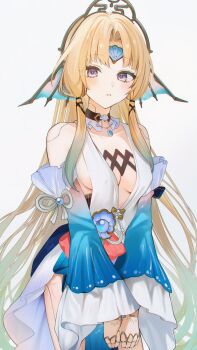 Rule 34 | 1girl, bare shoulders, blonde hair, breasts, commentary, cowboy shot, detached sleeves, fins, forehead jewel, head fins, highres, honkai: star rail, honkai (series), joints, long hair, medium breasts, parted lips, pearl (honkai: star rail), poki (j0ch3fvj6nd), purple eyes, robot girl, robot joints, simple background, solo, very long hair, white background, wide sleeves