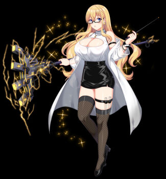 1girl aldebaran_(escalation_heroines) bare_shoulders black_background blonde_hair blue_eyes breasts choukou_(alicesoft) choukou_taisen_escalation_heroines cleavage cleavage_cutout clothing_cutout fishnet_thighhighs fishnets full_body glasses holding holding_pointer holding_staff horosuke lab_coat large_breasts looking_at_viewer official_art pointer solo staff tachi-e thighhighs