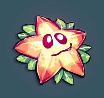 Rule 34 | :3, closed mouth, fang, food, fruit, green background, leaf, leafysky22, looking up, no humans, plants vs. zombies, simple background, solid oval eyes, solo, starfruit, starfruit (plants vs zombies)