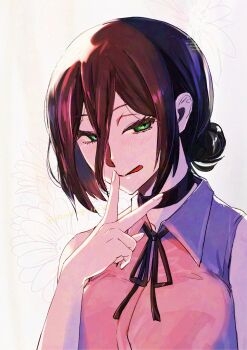 Rule 34 | 1girl, black choker, black ribbon, chainsaw man, choker, collared shirt, floral background, green eyes, hair between eyes, hair bun, highres, looking at viewer, medium hair, neck ribbon, okamoto setsura, pink shirt, purple hair, reze (chainsaw man), ribbon, shirt, sleeveless, sleeveless shirt, solo, tongue, tongue out, v