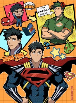 1boy abs ambush_bug black_hair blue_eyes bodysuit cape clark_kent commentary dc_comics english_commentary highres kristian_acosta male_focus multicolored_bodysuit muscular muscular_male pectorals red_cape red_hood_(dc) short_hair superboy-prime superhero_costume superman_(series) superman_logo taut_bodysuit two-tone_bodysuit western_comics_(style)