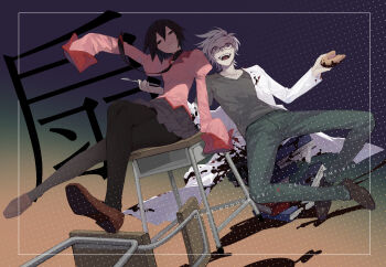 Rule 34 | 1boy, 1girl, absurdres, arm up, black-framed eyewear, black eyes, black hair, black neckwear, blood, blood on clothes, blue eyes, book, book stack, brown footwear, chair, character request, closed mouth, coat, copyright request, crossed legs, desk, donut, english text, eyes visible through hair, fingernails, food, glasses, gradient background, grey skirt, hair between eyes, highres, holding, holding food, jh, kanji connection, lab coat, long sleeves, male focus, monogatari (series), name connection, necktie, neckwear request, off-shoulder coat, off shoulder, on desk, open mouth, oshino ougi, owarimonogatari, puffy sleeves, scalpel, school chair, school desk, short hair, sitting, skirt, sleeves past fingers, sleeves past wrists, smile, teeth, tongue, upper teeth only, white coat, white hair