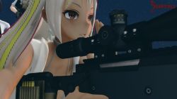 1boy 2girls 3d animated artist_name asphyxiation assertive_female black_hair blue_eyes blush bound bound_wrists breasts brown_eyes butler camouflage cleavage computer face_in_ass firing gun hetero holding holding_gun holding_weapon knee_pads kneeing laptop long_hair lying mikumikudance_(medium) multicolored_hair multiple_girls night on_one_knee on_person on_stomach original panties pink_hair prisoner restrained rifle rooftop sgpfull short_hair skirt sniper sniper_rifle streaked_hair unconscious underwear video weapon white_hair white_panties