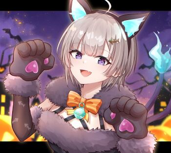 1girl :d alternate_costume animal_ears animal_hands bat_(animal) bell black_dress blunt_bangs bow bowtie cat_ears commentary detached_sleeves dress eyelashes fake_animal_ears fang fish_hair_ornament fur-trimmed_dress fur-trimmed_gloves fur-trimmed_sleeves fur_trim gloves grey_hair hair_ornament halloween halloween_costume hands_up happy heaven_burns_red highres jingle_bell letterboxed looking_at_viewer minase_sumomo neck_bell night open_mouth orange_bow orange_bowtie outdoors outside_border paw_gloves purple_eyes rrtp short_hair skin_fang sleeveless sleeveless_dress smile solo upper_body