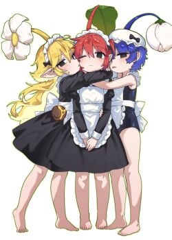apron bikini black_dress blonde_hair bloom blue_hair blue_pikmin dress flower frilled_apron frills highres hufy leaf long_hair maid maid_apron maid_bikini maid_headdress nintendo personification pikmin_(series) pointy_ears red_hair red_pikmin short_hair swimsuit unconventional_maid waist_apron white_apron wrist_cuffs yellow_pikmin