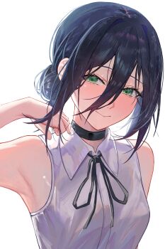 1girl absurdres armpits black_choker black_hair black_ribbon breasts chainsaw_man choker commentary_request green_eyes hair_between_eyes hair_bun highres kaze_22 korean_commentary looking_at_viewer neck_ribbon reze_(chainsaw_man) ribbon shirt simple_background sleeveless sleeveless_shirt small_breasts smile solo upper_body white_background white_shirt