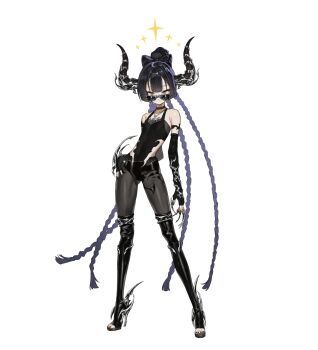 1girl absurdres black_hair claws expressionless glasses highres horns p_(pm_611a) simple_background sunglasses tagme white_background