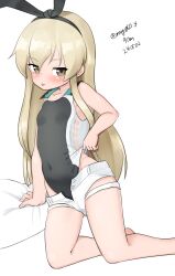 Rule 34 | 1girl, absurdres, black hairband, black one-piece swimsuit, blonde hair, breasts, competition swimsuit, cosplay, dated, feet out of frame, grey eyes, hairband, highleg, highleg swimsuit, highres, kantai collection, long hair, maru (marg0613), one-hour drawing challenge, one-piece swimsuit, pillow, scamp (kancolle), scamp (kancolle) (cosplay), shimakaze (kancolle), short shorts, shorts, simple background, small breasts, solo, swimsuit, twitter username, white background, white shorts