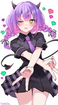 black_ribbon black_shirt blush bow bowtie braid collared_shirt cowboy_shot demon_horns demon_tail double_gyaru_v green_eyes gyaru_v hair_bow heart heart_in_eye highres hololive horns one_eye_closed punikasu purple_bow purple_bowtie purple_hair ribbon shirt short_sleeves symbol_in_eye tail tokoyami_towa tongue tongue_out twin_braids v white_background