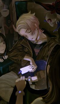 03_oxo 2boys 2girls absurdres ahoge black_hair blonde_hair bracelet brown_hair brown_jacket closed_eyes collarbone commentary_request cup floette floette_(eternal) gen_6_pokemon grin harmony_(pokemon) highres holding holding_cup holding_phone jacket jewelry lida_(pokemon) multiple_boys multiple_girls naveen_(pokemon) necktie nintendo pants phone pokemon pokemon_(creature) pokemon_legends:_z-a shirt sitting smile steam teacup urbain_(pokemon) vest