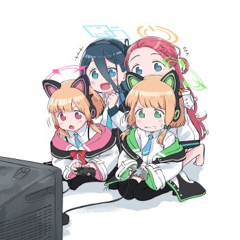 4girls animal_ear_headphones animal_ears aris_(blue_archive) black_thighhighs blonde_hair blue_archive blue_eyes blue_hair blue_halo blue_necktie blush_stickers bow braid clenched_teeth collared_shirt controller crt fake_animal_ears game_console game_controller green_bow green_eyes green_halo hair_between_eyes hair_bow halo headphones highres kneeling long_hair_between_eyes midori_(blue_archive) momoi_(blue_archive) multiple_girls necktie nintendo_64 nintendo_64_controller open_mouth pink_eyes pink_hair pink_halo playing_games red_bow shirt simple_background sitting tamura-chan teeth television thighhighs webp-to-png_conversion white_background white_shirt yellow_halo yuzu_(blue_archive)