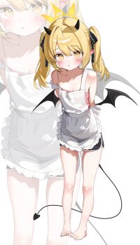 1girl :o absurdres alternate_costume apron arms_behind_back bare_legs bare_shoulders barefoot black_ribbon black_skirt blonde_hair blue_archive blush breasts camisole cleavage commentary_request curious demon_girl demon_horns demon_tail demon_wings drawing_flover frilled_apron frills full_body hair_over_one_eye hair_ribbon halo highres horns ibuki_(blue_archive) leaning_forward legs loli long_hair miniskirt pink_camisole ribbon skirt small_breasts solo standing strap_slip tail thighs twintails white_apron wings yellow_eyes yellow_halo