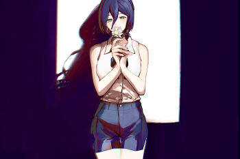 1girl bare_shoulders black_choker black_hair black_ribbon black_shorts blush breasts chainsaw_man choker closed_mouth collared_shirt commentary_request flower green_eyes hair_between_eyes highres holding holding_flower looking_at_viewer neck_ribbon reze_(chainsaw_man) ribbon shirt shirt_tucked_in short_hair shorts sleeveless sleeveless_shirt solo tatumin13 white_flower