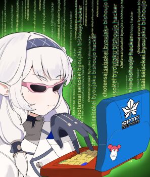 1girl black_background black_gloves black_hackerman_(meme) blue_archive blue_hairband closed_mouth commentary_request computer english_text gloves green_background hair_tubes hairband hand_up highres himari_(blue_archive) jacket laptop long_hair long_sleeves low_twintails meme mochini mole mole_under_eye nazomaki_(blue_archive) pink-framed_eyewear pointy_ears portrait romaji_text smile solo sticker sunglasses text_background translation_request twintails typing v-shaped_eyebrows white_hair white_jacket