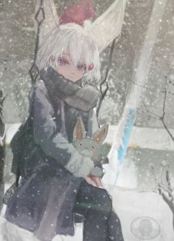 1girl absurdres animal_ears artist_name black_pants blue_coat branch coat creature feet_out_of_frame fox_ears fox_girl grey_scarf hair_between_eyes hair_ornament hairclip hat highres holding holding_creature light_particles looking_at_viewer muted_color on_swing outdoors pants phase_connect purple_eyes santa_hat scarf short_hair sitting snow snowing swing taku_artworks tenma_maemi theo_(tenma_maemi) virtual_youtuber watermark white_hair winter winter_clothes