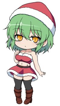 1girl black_thighhighs boots breast_tattoo breasts brown_boots chibi chibi_only christmas cleavage closed_mouth commentary_request dot_mouth dress fur-trimmed_dress fur-trimmed_headwear fur-trimmed_skirt fur_trim green_hair hat high_heel_boots high_heels highres hikage_(senran_kagura) hikagesky hip_tattoo looking_at_viewer midriff navel red_skirt santa_costume santa_dress santa_hat senran_kagura skirt slit_pupils snake_print snake_tattoo solo tattoo thighhighs yellow_eyes