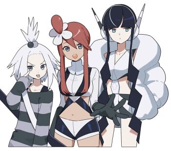 3girls alternate_color bass_guitar black_hair blue_eyes blunt_bangs breasts closed_mouth coat crop_top cropped_jacket dress elesa_(pokemon) freckles guitar_strap hair_bobbles hair_ornament headphones highres instrument jacket long_hair looking_at_viewer medium_breasts midriff multicolored_hair_bobbles multiple_girls nintendo open_mouth oromnt pokemon pokemon_bw pokemon_bw2 red_hair roxie_(pokemon) short_hair short_hair_with_long_locks short_shorts shorts sidelocks simple_background skyla_(pokemon) smile striped_clothes striped_dress teeth topknot upper_teeth_only white_background white_coat white_hair