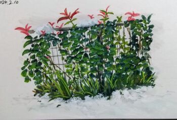 2024 commentary_request dated fence fern flower harusa1107 highres iron_fence leaf no_humans original painting_(medium) plant plant_focus red_flower traditional_media