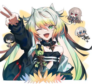 1girl 1other 2boys black_dress black_hair blonde_hair blue_eyes border chibi commentary_request dark-skinned_male dark_skin detached_sleeves dress full_body furen_e_lustario furen_e_lustario_(1st_costume) gradient_hair green_eyes green_hair grey_hair ibrahim_(1st_costume)_(nijisanji) jacket light_brown_hair looking_at_viewer mashiro_meme mashiro_meme_(2nd_costume) meifu_(nijisanji) melissa_kinrenka multicolored_hair multiple_boys nijisanji ninahachi off_shoulder one_eye_closed open_clothes open_jacket open_mouth pants red_eyes shirt short_hair slit smile tongue twitter_username upper_body v virtual_youtuber white_background white_dress white_pants white_shirt yellow_background yellow_eyes