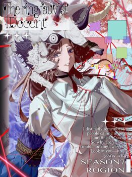 1girl blue_eyes breasts brown_hair character_name choker english_text formal_clothes gloves highres large_breasts limbus_company looking_to_the_side nati7g4 project_moon rodion_(project_moon) string string_of_fate suit
