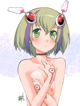 :< android artist_name black_choker blue_background blush bob_cut breasts choker closed_mouth collarbone commentary completely_nude covering_breasts covering_privates dimension_w expressionless eyelashes green_eyes green_hair hair_between_eyes highres kikumaru_bunta looking_at_viewer medium_breasts multicolored_hair nipples nude purple_hair robot_ears robot_girl short_hair signature square streaked_hair translated upper_body white_background yurizaki_mira