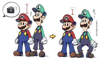 2boys alternate_color_hat arrow_(symbol) big_nose blue_eyes blue_overalls boots brothers brown_boots brown_hair camera check_translation facial_hair gloves green_hat green_shirt hat highres long_sleeves luigi male_focus mario mario_&amp;_luigi:_superstar_saga mario_&amp;_luigi_rpg mario_(series) masanori_sato_(style) multiple_boys mustache newsboy_cap nintendo official_style overalls red_hat red_overalls red_shirt red_socks shirt short_hair siblings simple_background socks squatting striped_clothes striped_socks translation_request white_gloves white_socks yamari_(ya_mari_6363)