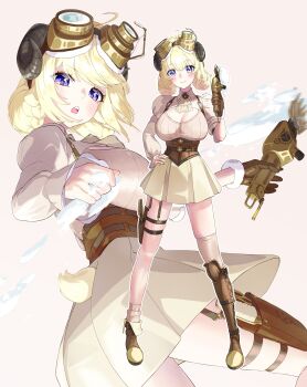Rule 34 | 1girl, absurdres, alternate costume, blonde hair, blue eyes, boots, breasts, brown boots, brown corset, cleavage, commentary request, corset, fueppu, full body, goggles, goggles on head, highres, hololive, horns, large breasts, long sleeves, looking at viewer, pleated skirt, sheep horns, sheep tail, single thighhigh, skirt, solo, tail, teeth, thighhighs, tsunomaki watame, upper teeth only, virtual youtuber, wool, yellow skirt