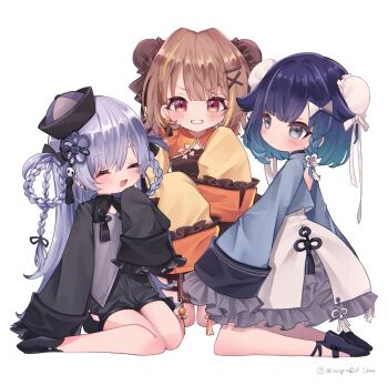 3girls alternate_costume black_shorts blue_eyes blue_hair blue_jacket bow braid braided_hair_rings brown_eyes brown_hair bun_cover chinese_clothes cropped_jacket double_bun dress earrings frilled_sleeves frills gradient_hair hair_bow hair_bun hair_ornament hair_rings hairclip hat highres jacket jewelry kneeling lolita_fashion long_hair mandarin_collar multicolored_hair multiple_girls qi_lolita rosso0303 sendo_yuuhi short_hair short_shorts shorts side_braid simple_background sitting sleeves_past_fingers sleeves_past_wrists smile streaked_hair tassel tassel_hair_ornament tsumugi_kokage virtual_youtuber vspo! white_background white_dress x_hair_ornament yano_kuromu