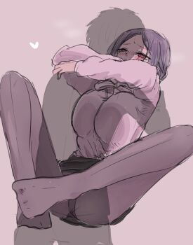 1boy 1girl black_hair black_panties black_pantyhose black_skirt blush breast_press breasts commentary_request heart hetero highres hug kimi_no_koto_ga_dai_dai_dai_dai_daisuki_na_100-nin_no_kanojo kuchiha_chiru3 large_breasts leg_lock long_sleeves morikita_kimari no_shoes panties pantyhose pantyshot parted_bangs red_eyes silhouette simple_background skirt underwear