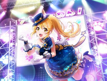 1girl animal_ear_headwear animal_ears blonde_hair blue_dress blue_hat blue_shoes cat_ears dress earrings fake_animal_ears frilled_dress frills game_cg gloves hat high_heels jewelry long_hair looking_at_viewer official_art ootsuki_aruru open_mouth paw_pose ponytail screen shoes shoujo_kageki_revue_starlight shoujo_kageki_revue_starlight_-re_live- sidelocks socks solo stage stage_lights standing standing_on_one_leg strapless strapless_dress upper_body white_gloves white_socks yellow_eyes
